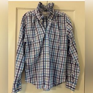 KMJ Quarantina Boyfriend Fit Plaid Ruffle Collar Shirt Medium Made in USA